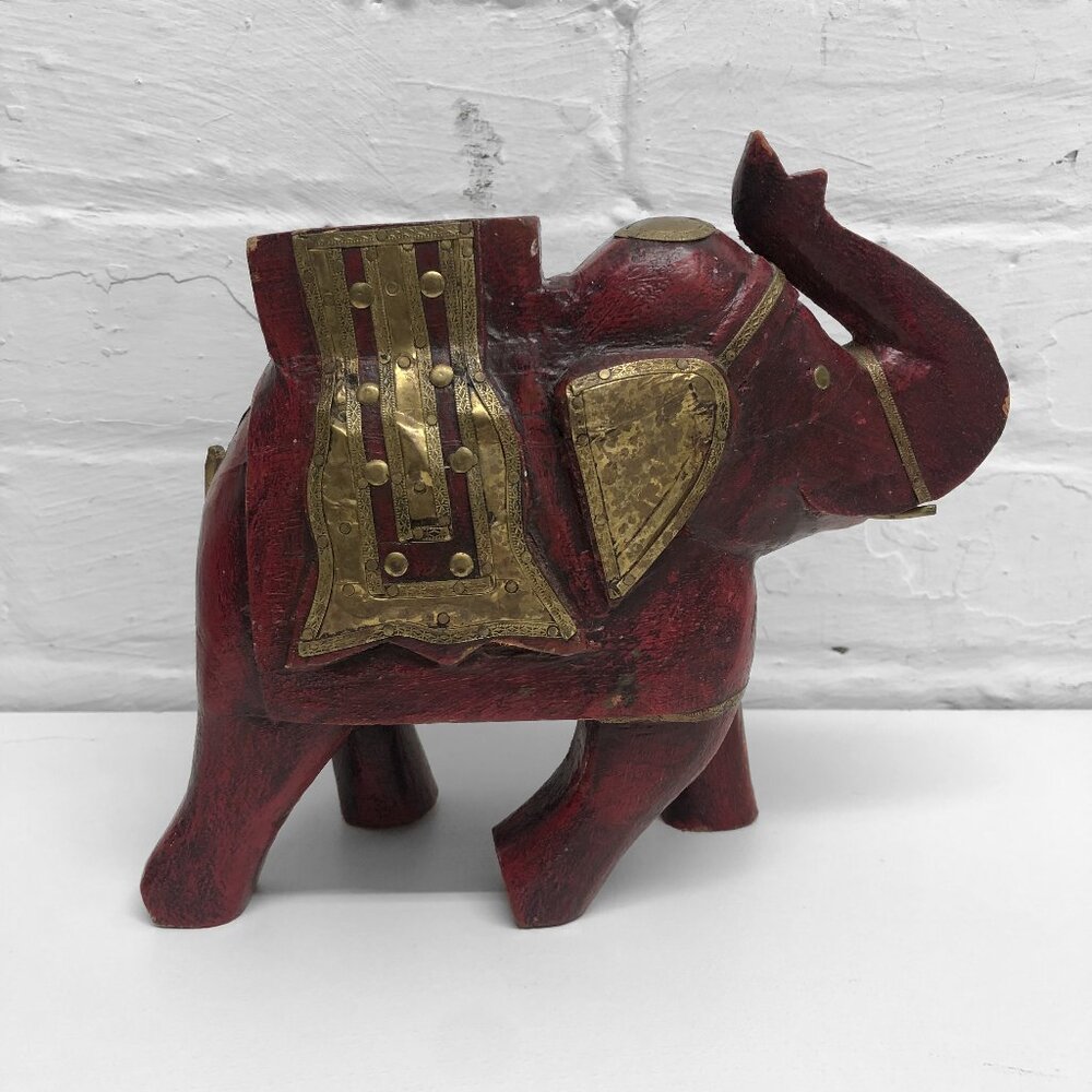 2 Vintage Handcrafted Brass Fitted Wooden Elephant Carvings